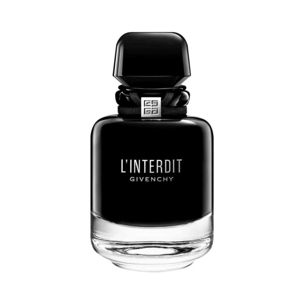 Refect Beauty Givenchy L'Interdit Eau de Parfum Intense in a sleek black glass bottle with a silver logo detail.