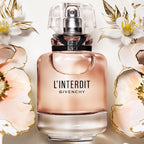 Refect Beauty Givenchy L’Interdit Eau de Parfum bottle surrounded by elegant white floral illustrations.