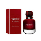 Refect Beauty Givenchy L'Interdit Rouge Eau de Parfum bottle and box in deep red glass with elegant branding.