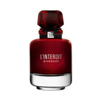 Refect Beauty Givenchy L'Interdit Rouge Eau de Parfum in a deep red glass bottle with a black ribbon and silver logo.