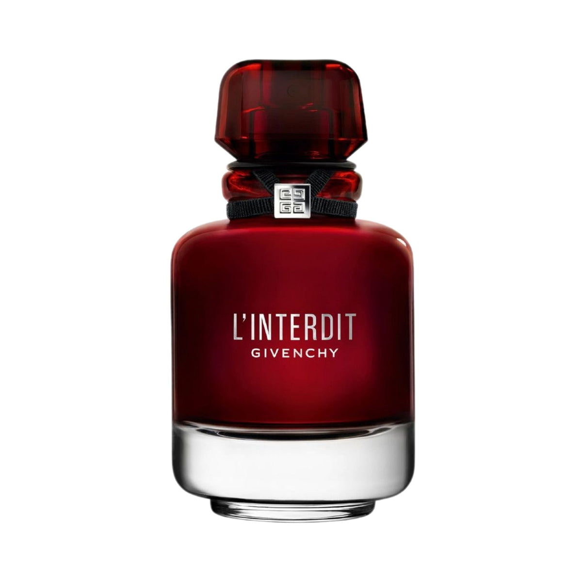 Refect Beauty Givenchy L'Interdit Rouge Eau de Parfum in a deep red glass bottle with a black ribbon and silver logo.