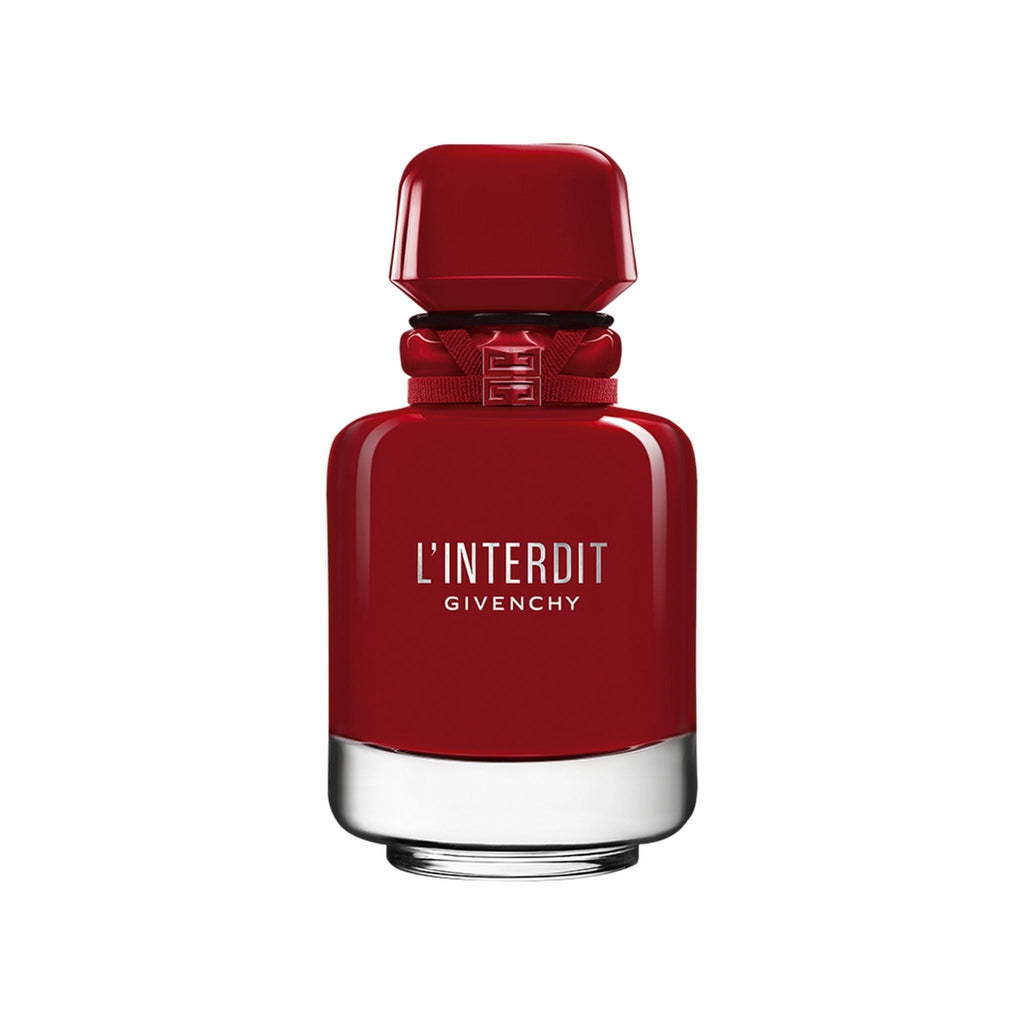 Refect Beauty Givenchy L'Interdit Rouge Ultime Eau de Parfum in a sleek red glass bottle with a matching red cap.