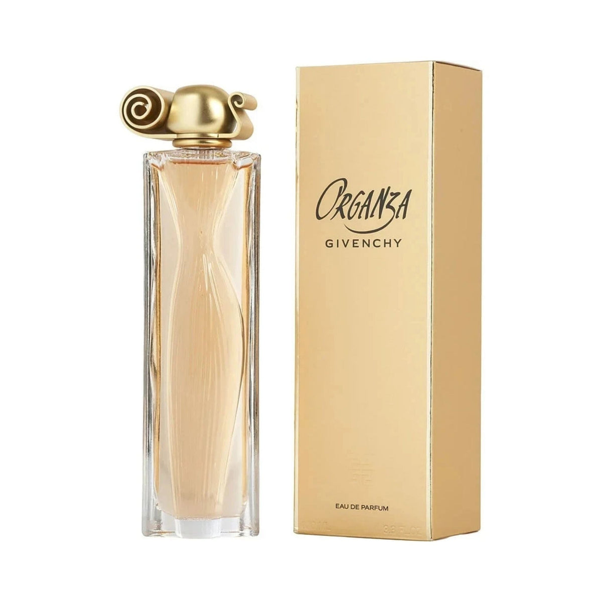 Refect Beauty Givenchy Organza Eau de Parfum bottle with gold sculptural cap next to its elegant gold packaging box.