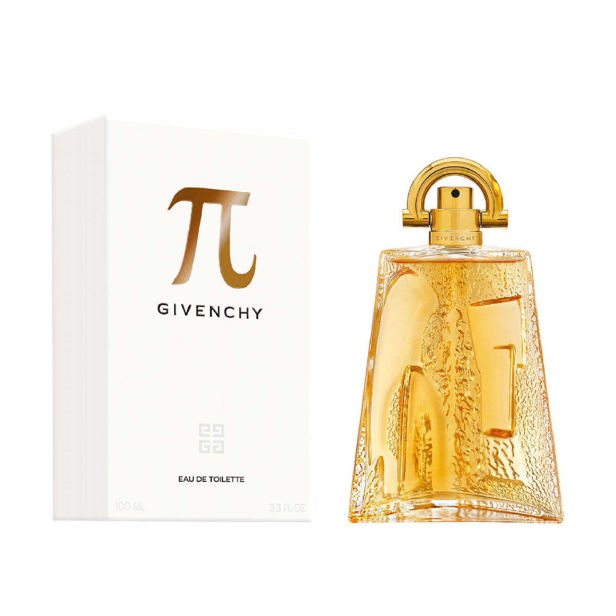 Refect Beauty Givenchy Pi Eau de Toilette bottle with gold cap next to its white branded packaging box