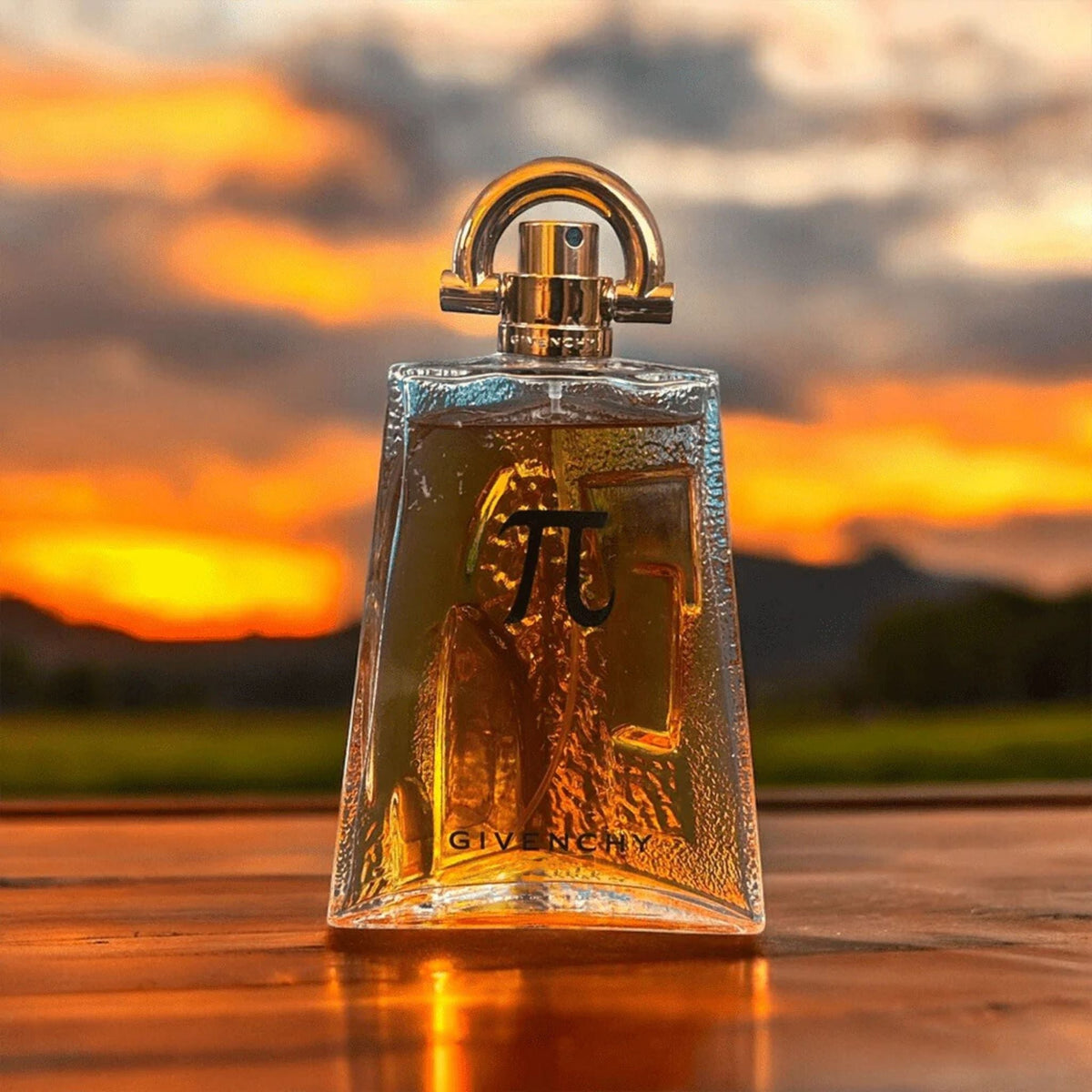 Refect Beauty Givenchy Pi Eau de Toilette bottle with a unique geometric design against a sunset background