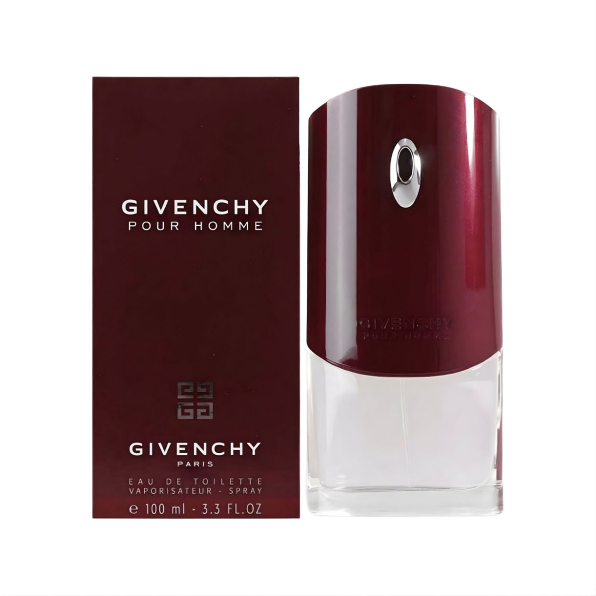 Refect Beauty Givenchy Pour Homme Eau de Toilette 100ml bottle and box with deep burgundy and clear glass design
