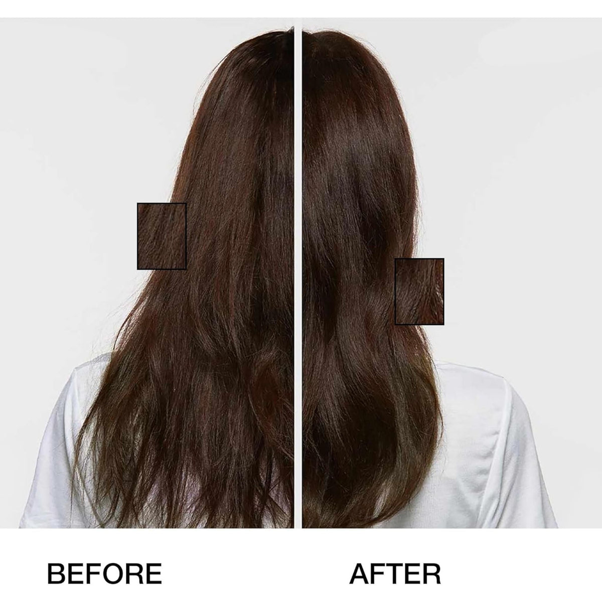 Refect Beauty GK Balancing Shampoo before and after comparison showing smoother, shinier brown hair