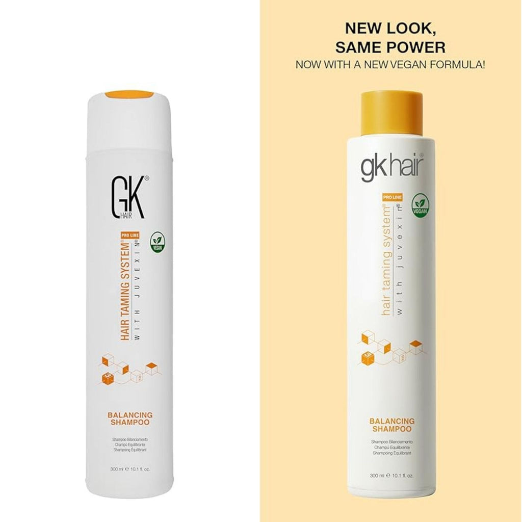 Refect Beauty GK Balancing Shampoo bottles showing old and new vegan formula packaging with Juvexin keratin blend.