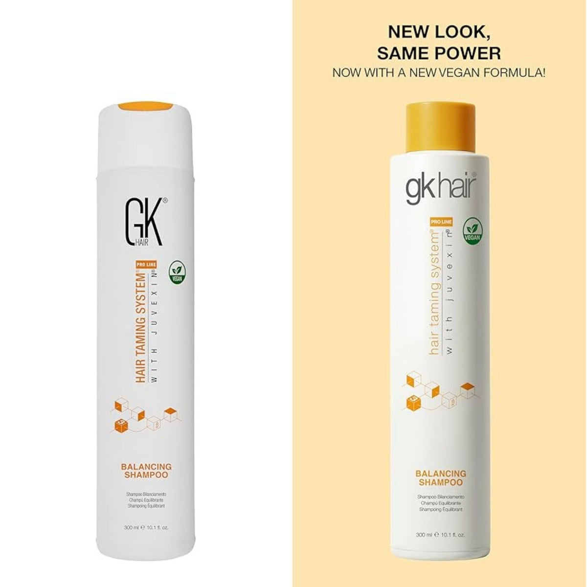 Refect Beauty GK Balancing Shampoo bottles showing old and new vegan formula packaging with Juvexin keratin blend.