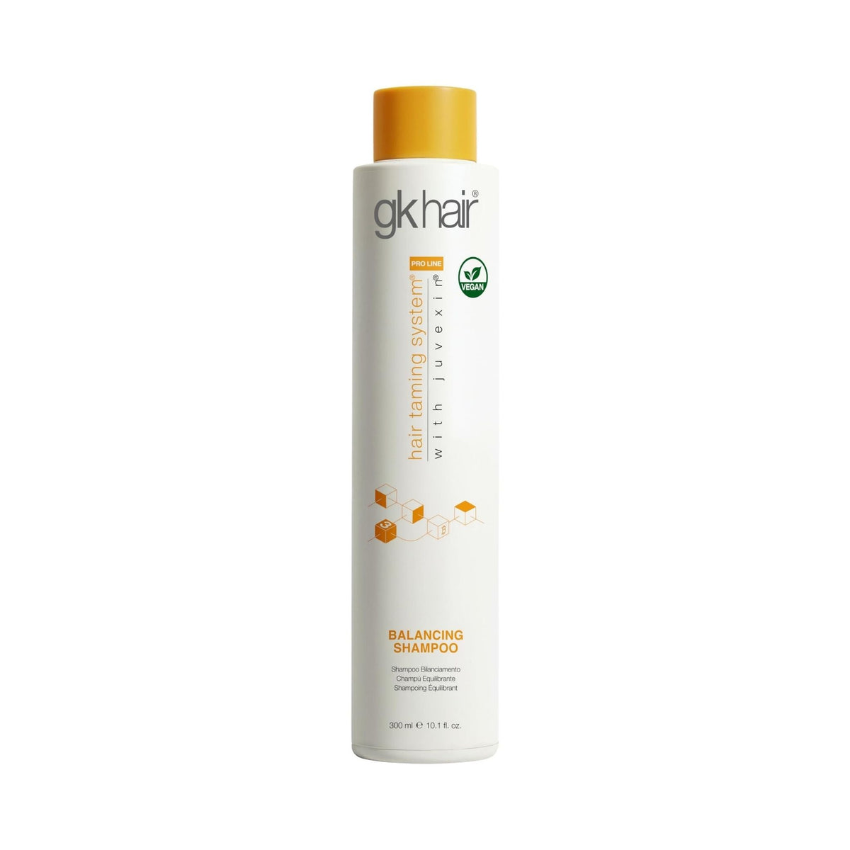 Refect Beauty GK Balancing Shampoo in a white bottle with a yellow cap, featuring Juvexin keratin for hair care.