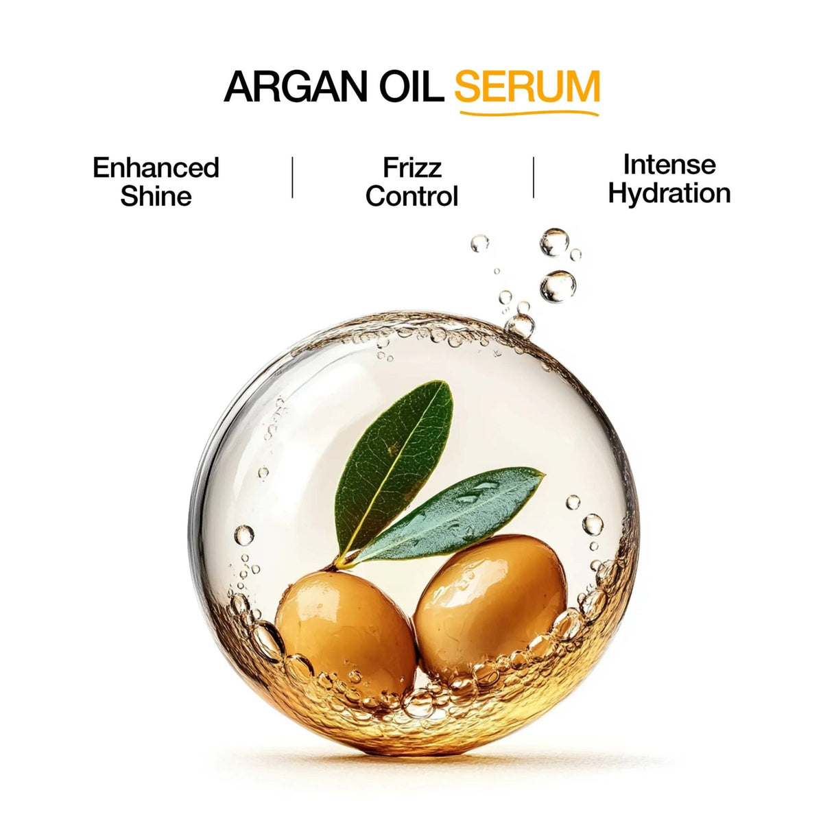 Refect Beauty GK hair Argan Oil serum featuring a glass sphere with olives and leaves for shine and frizz control