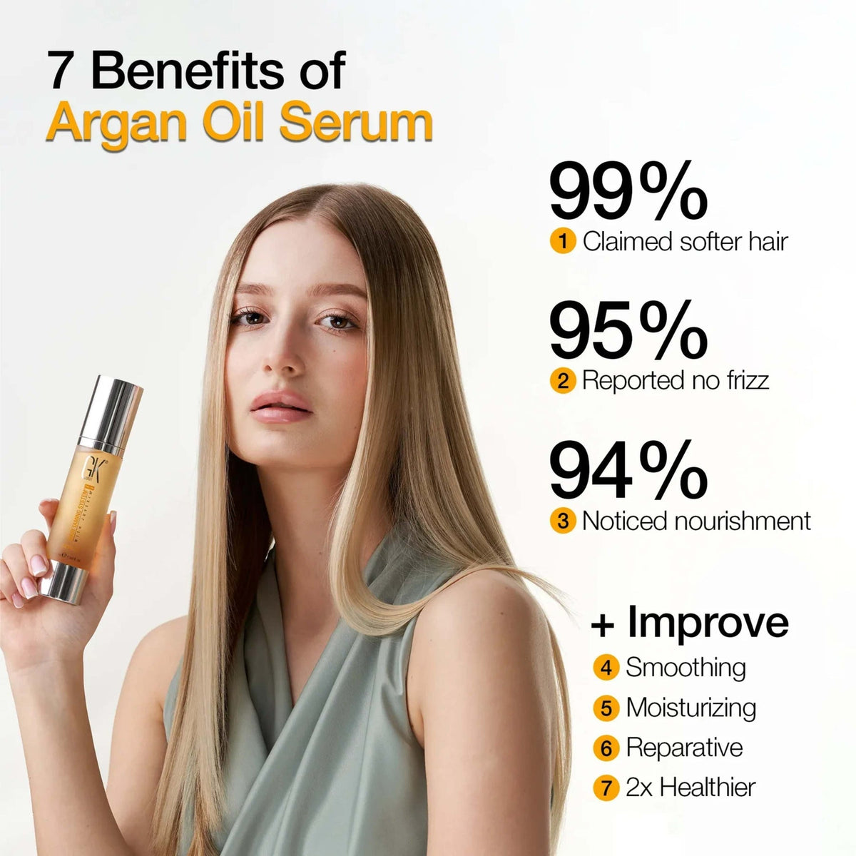 Refect Beauty GK Hair Argan Oil Serum held by a woman with long, smooth, healthy-looking blonde hair