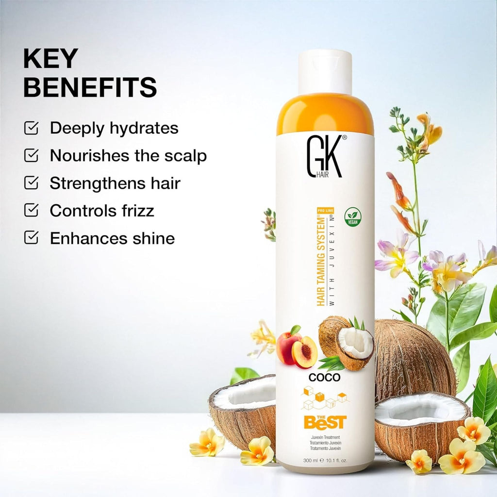 Refect Beauty GK Hair The Best Coco smoothing treatment bottle with coconut and peach imagery for frizz control.