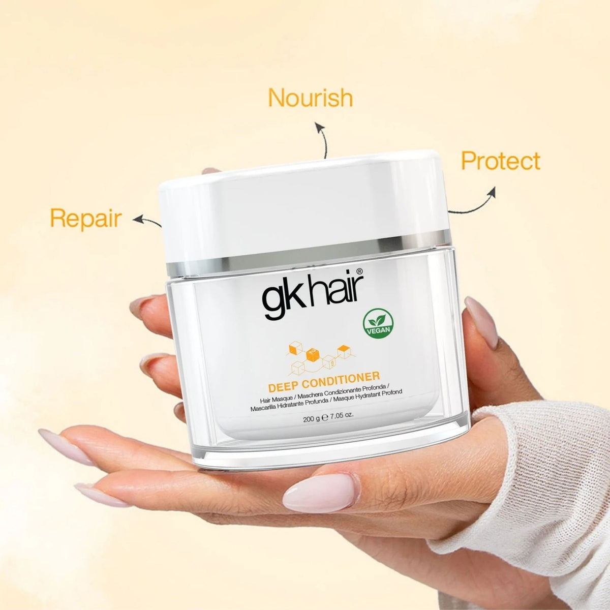 Refect Beauty GK Hair deep conditioner mask in a white jar held in a hand for hair repair and nourishment