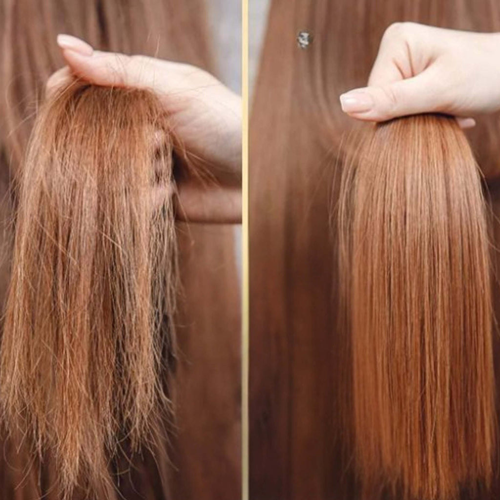 Refect Beauty GK Hair Argan Oil Serum showing a before and after comparison of frizzy versus smooth, shiny hair