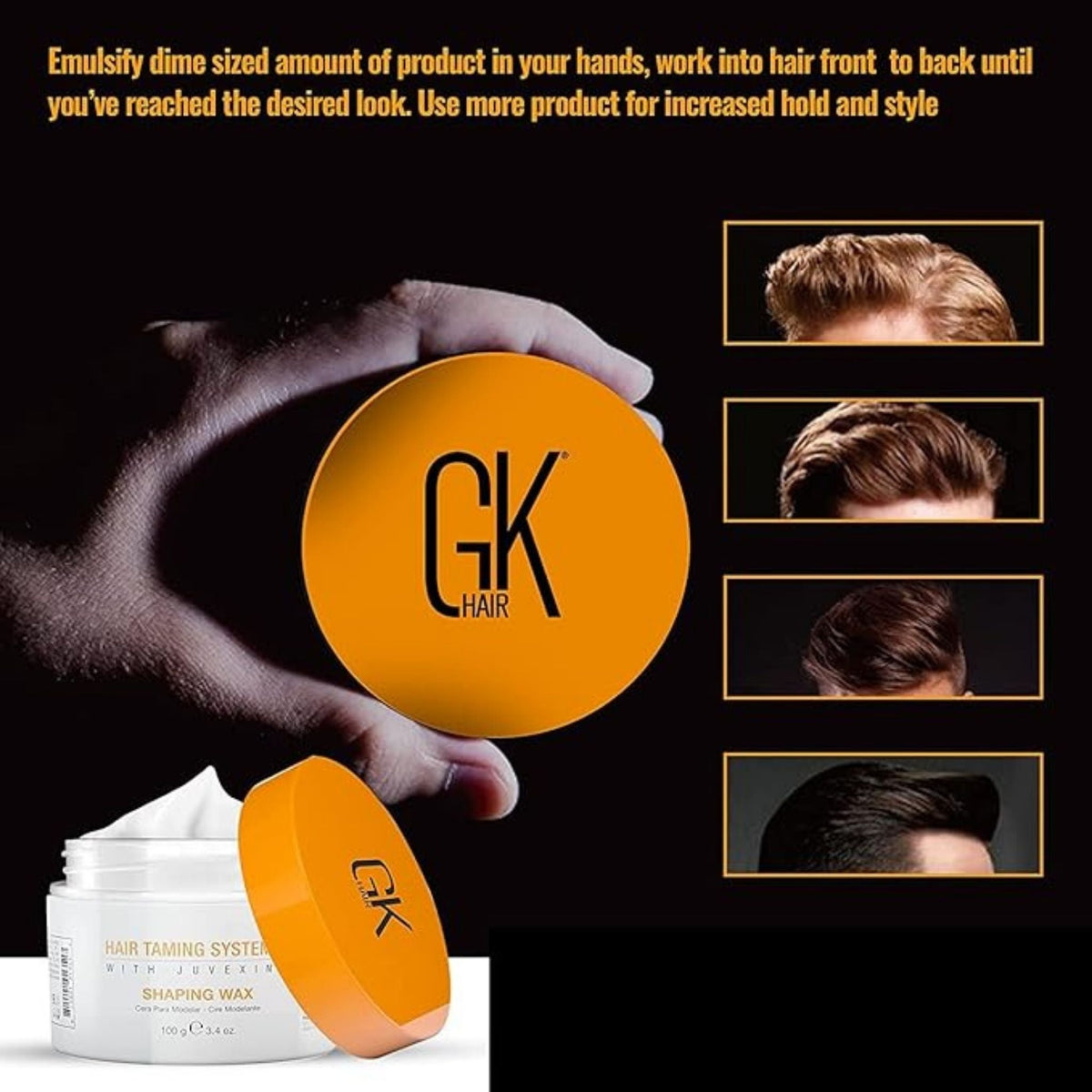 Refect Beauty GK Hair Shaping Wax container with orange lid and white jar showing hair styling results
