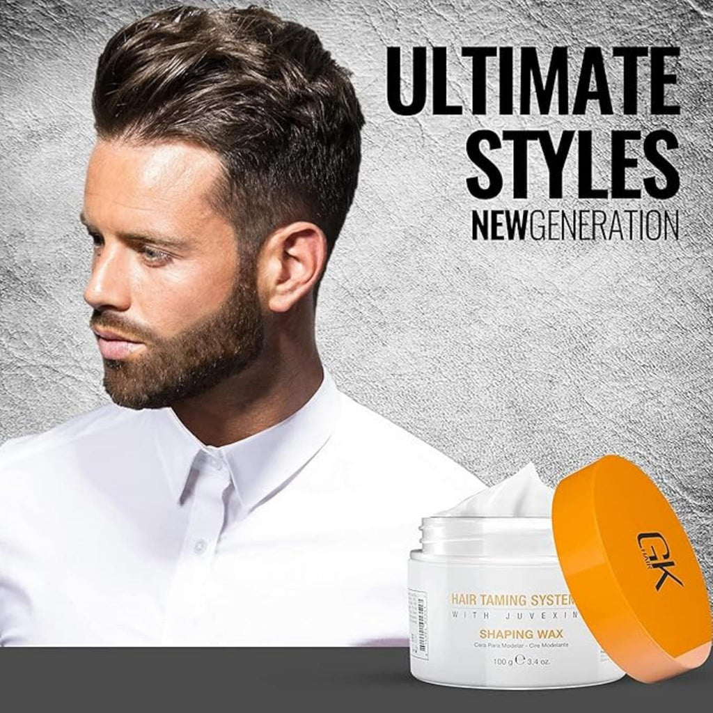 Refect Beauty GK Hair Shaping Wax jar with orange lid next to a man with a styled textured haircut