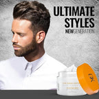 Refect Beauty GK Hair Shaping Wax jar with orange lid next to a man with a styled textured haircut