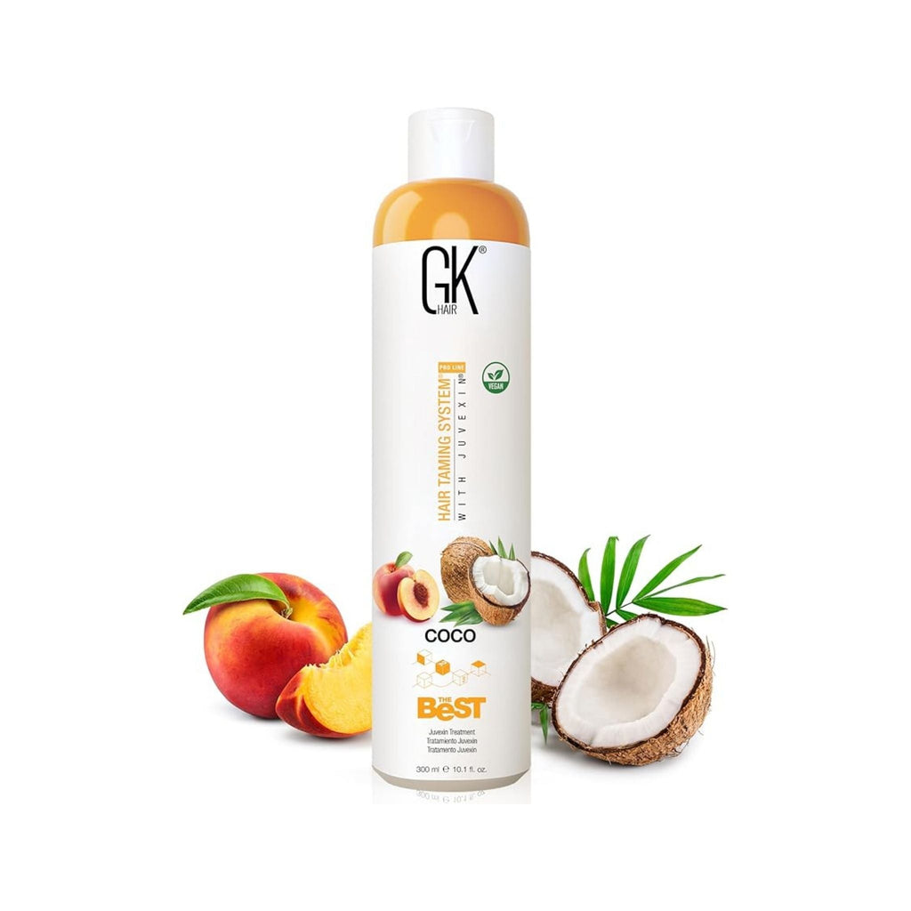 Refect Beauty GK Hair The Best smoothing treatment bottle with peach and coconut imagery for frizz-free hair care.