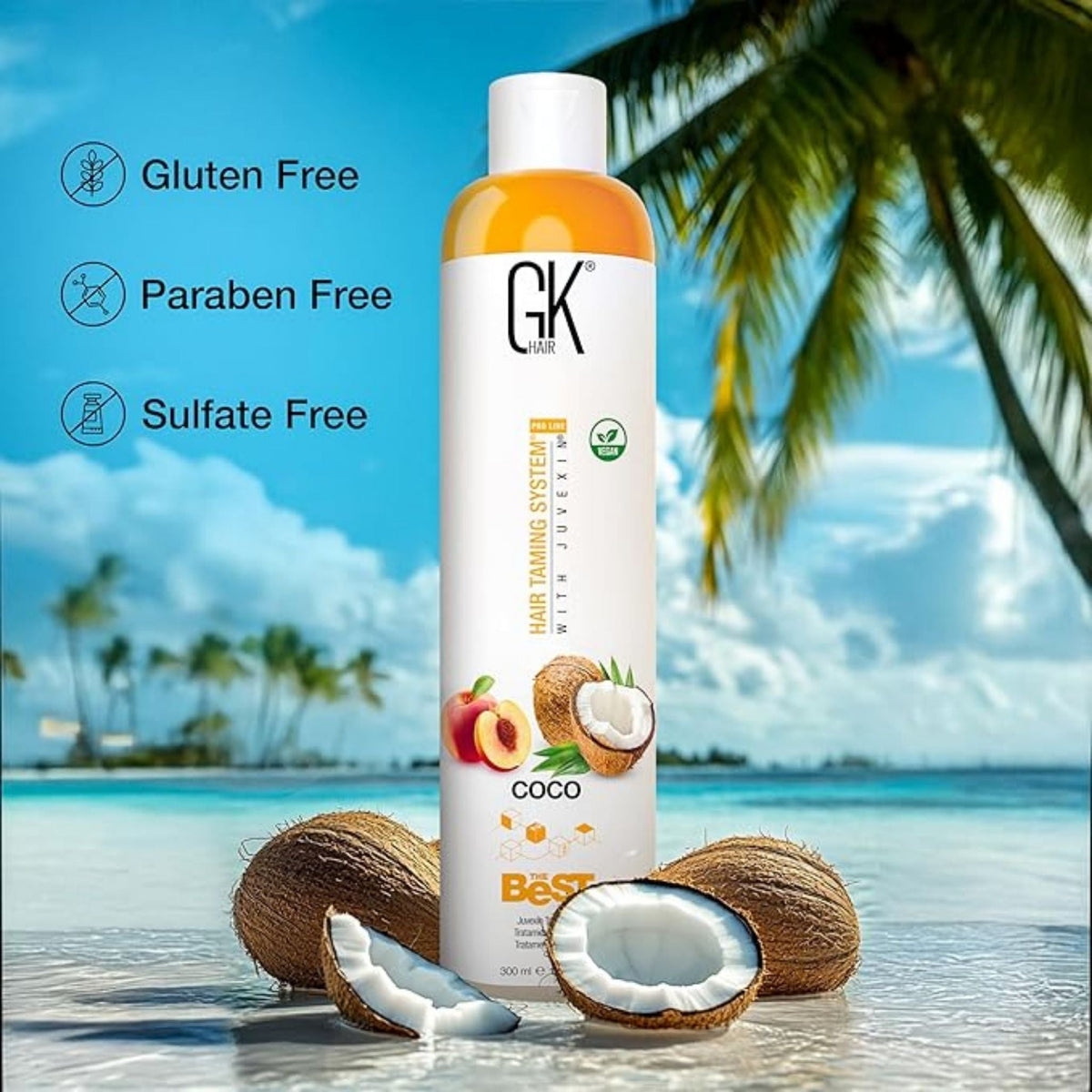 Refect Beauty GK Hair The Best coconut smoothing treatment bottle on a tropical beach background with fruit imagery.