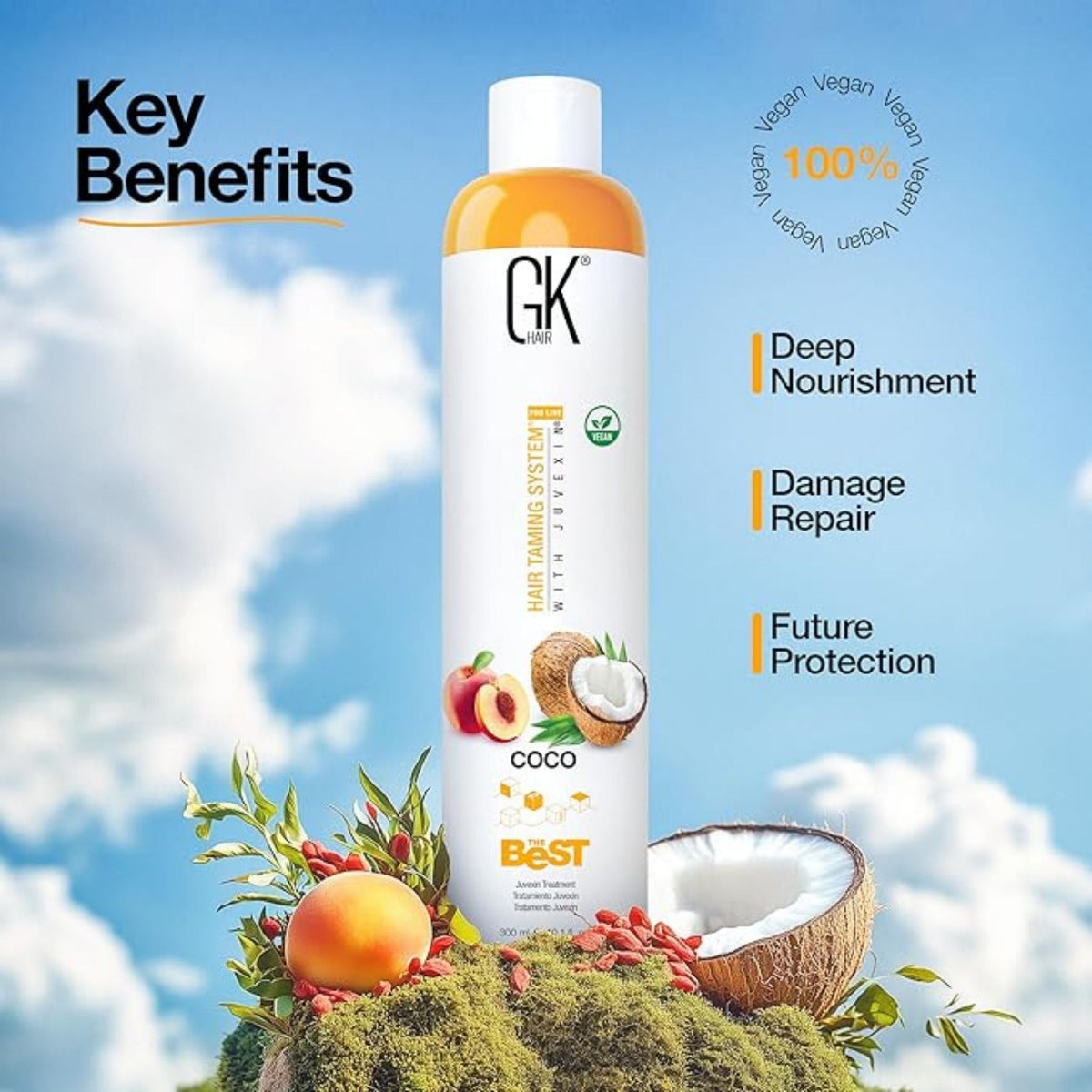 Refect Beauty GK Hair The Best smoothing treatment bottle with coconut and peach imagery against a blue sky background.