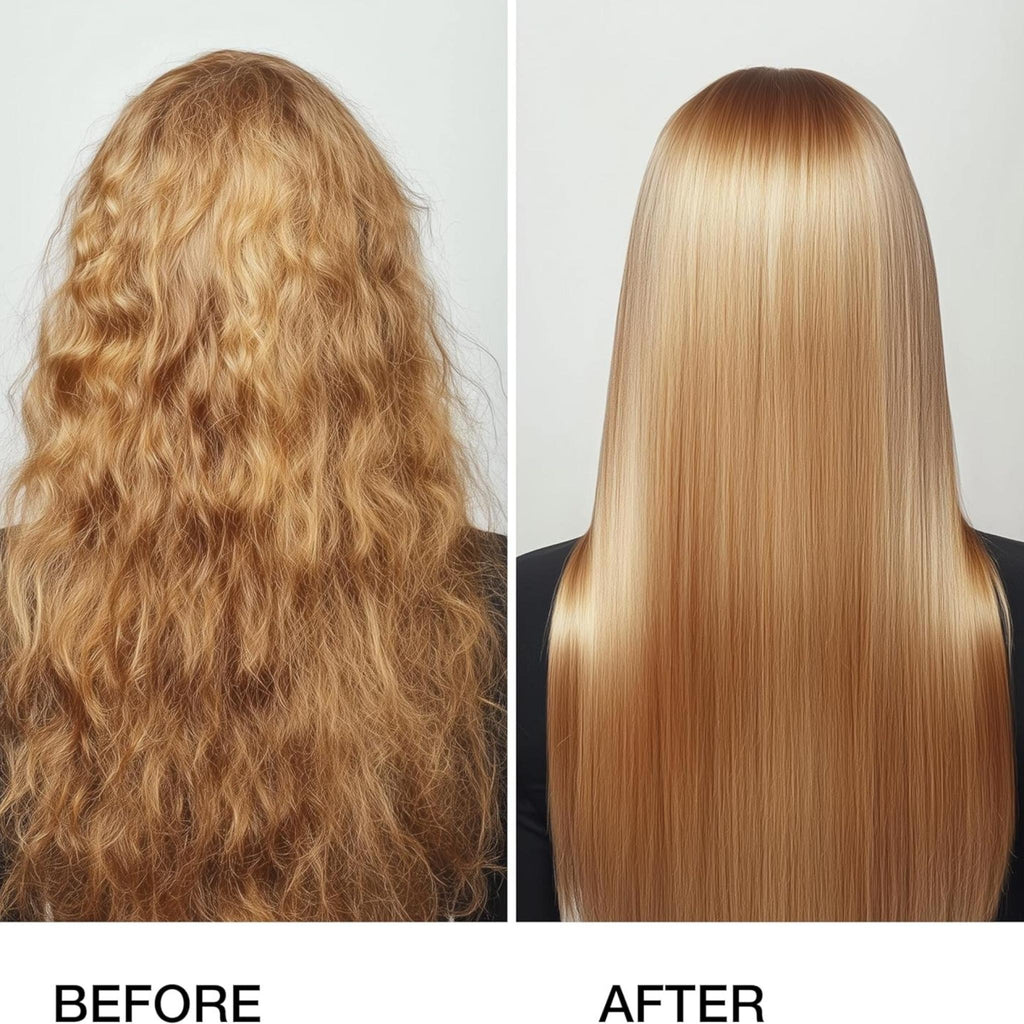 Refect Beauty GK Hair smoothing treatment showing before and after results on blonde hair with frizz reduction