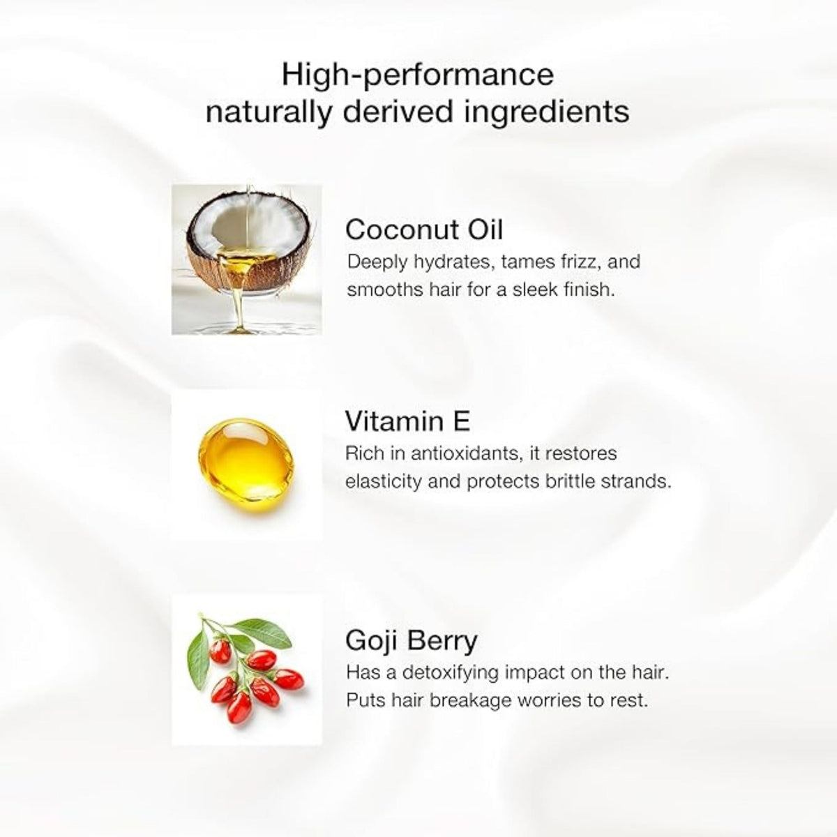 Refect Beauty GK Hair treatment ingredients featuring coconut oil, vitamin E, and goji berry for hair smoothing