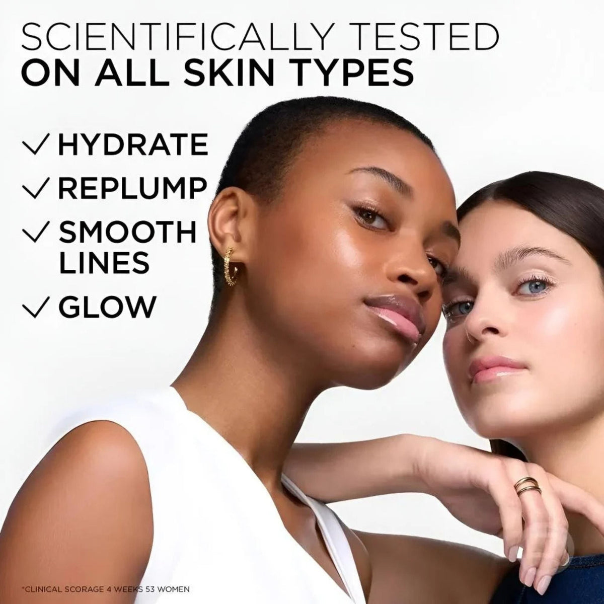 Refect Beauty promotional image showing two women with radiant, hydrated skin and the product benefits listed.