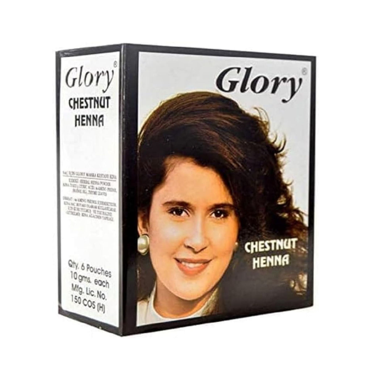 Refect Beauty Glory Henna hair color box in chestnut shade featuring a woman with rich brown hair on the packaging.