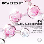 Refect Beauty graphic showing a molecular structure with pink liquid, highlighting the 4% Glycolic Acid Complex.