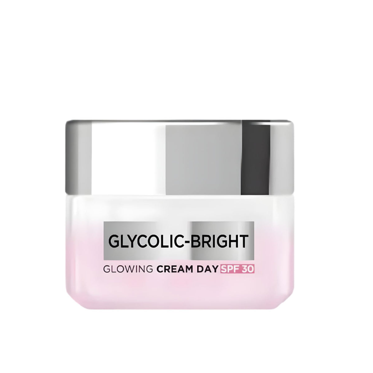 Refect Beauty L'Oreal Paris Glycolic Bright Day Cream SPF 30 in a pink and silver jar for radiant skin.