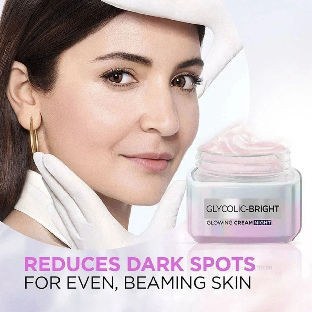 Refect Beauty L'Oreal Paris Glycolic Bright night cream jar with a woman applying skincare for radiant skin