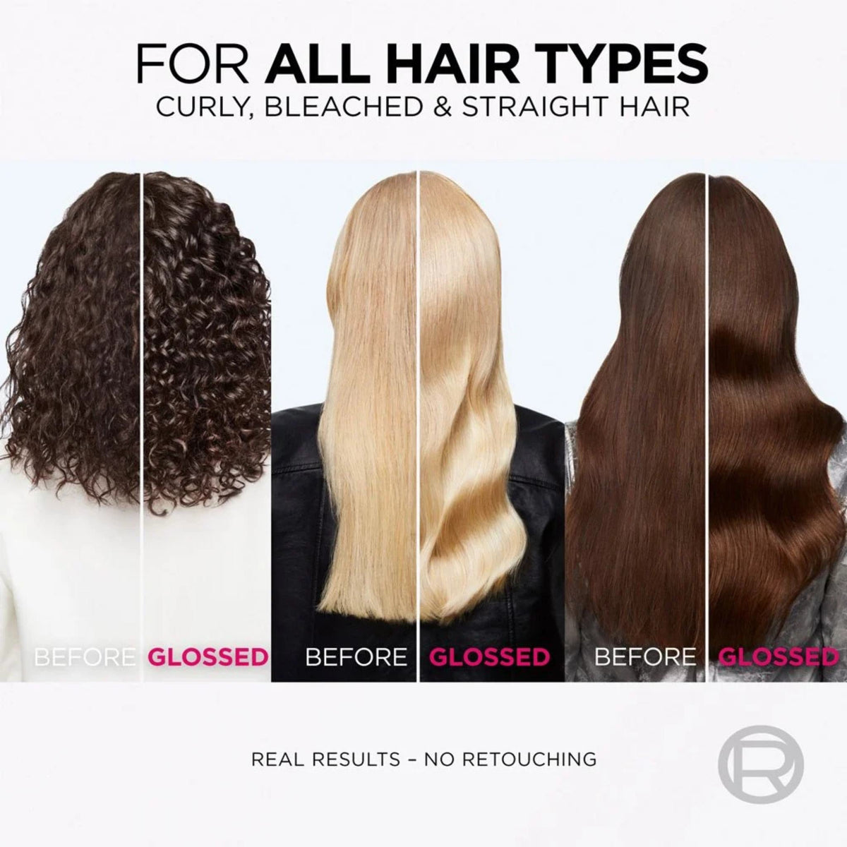 Refect Beauty L'Oréal Paris Elvive Glycolic Gloss before and after results on curly, blonde, and straight hair types.