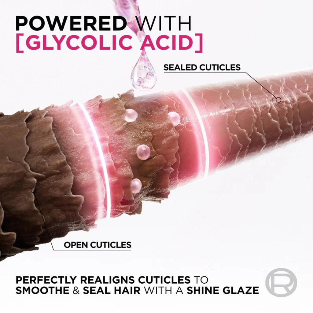 Refect Beauty L'Oréal Paris Elvive Glycolic Gloss diagram showing hair cuticle realignment and sealing process