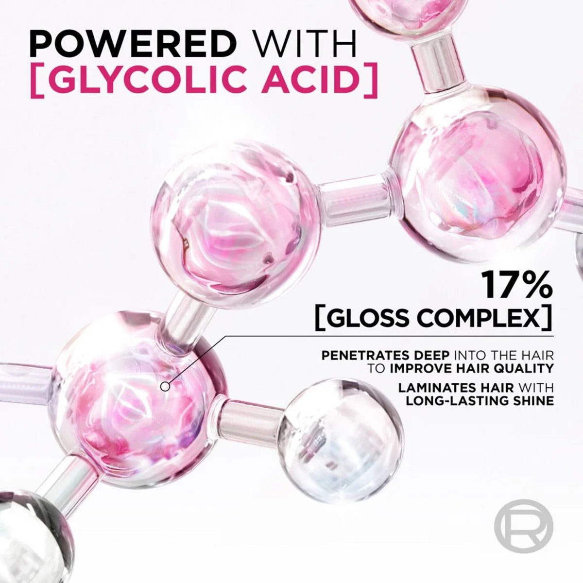 Refect Beauty L'Oréal Paris Elvive Glycolic Gloss serum graphic showing molecular structure for hair shine