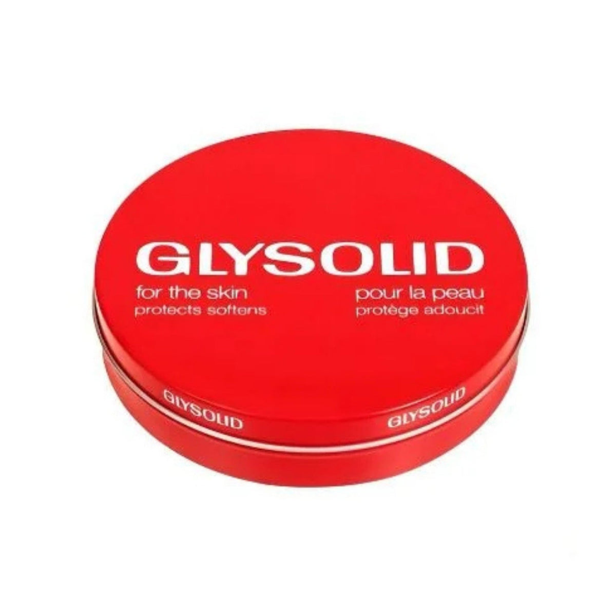 Refect Beauty Glysolid Glycerin Cream in a round red metal tin for healing and moisturizing dry, rough skin