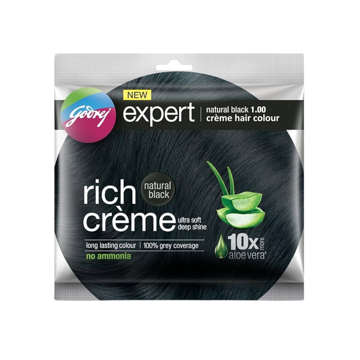 Refect Beauty Godrej Expert Rich Crème hair color in natural black with aloe vera for soft and shiny hair.