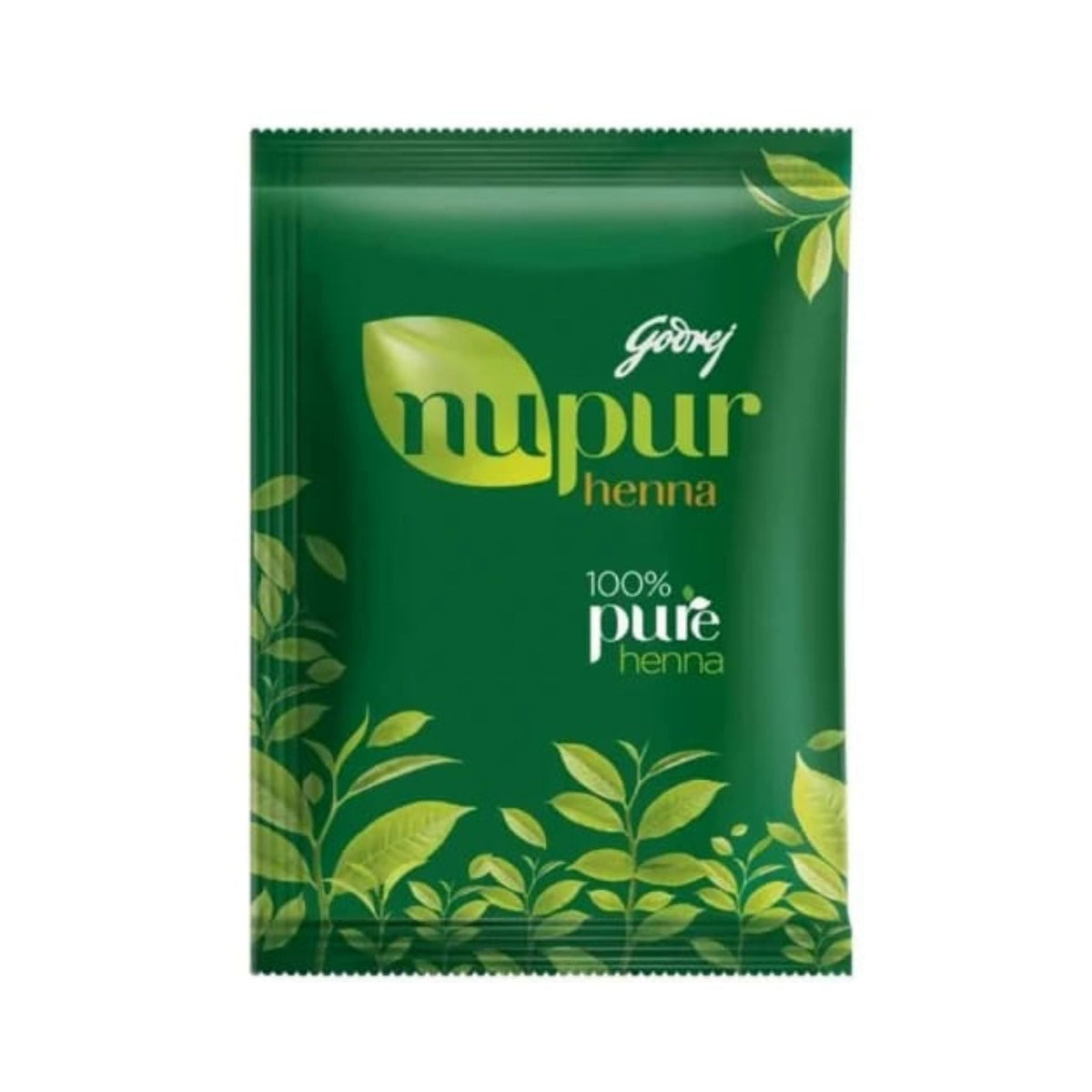 Refect Beauty Godrej Nupur 100% pure Rajasthani henna powder in a green sachet for hair coloring and body art.