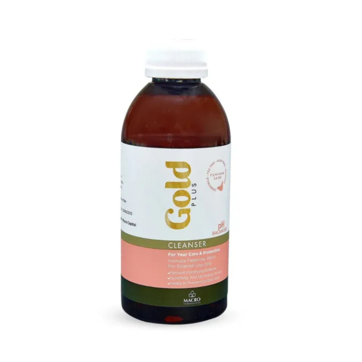 Refect Beauty Gold Plus feminine cleanser in a brown bottle with a white cap for gentle daily intimate hygiene care.