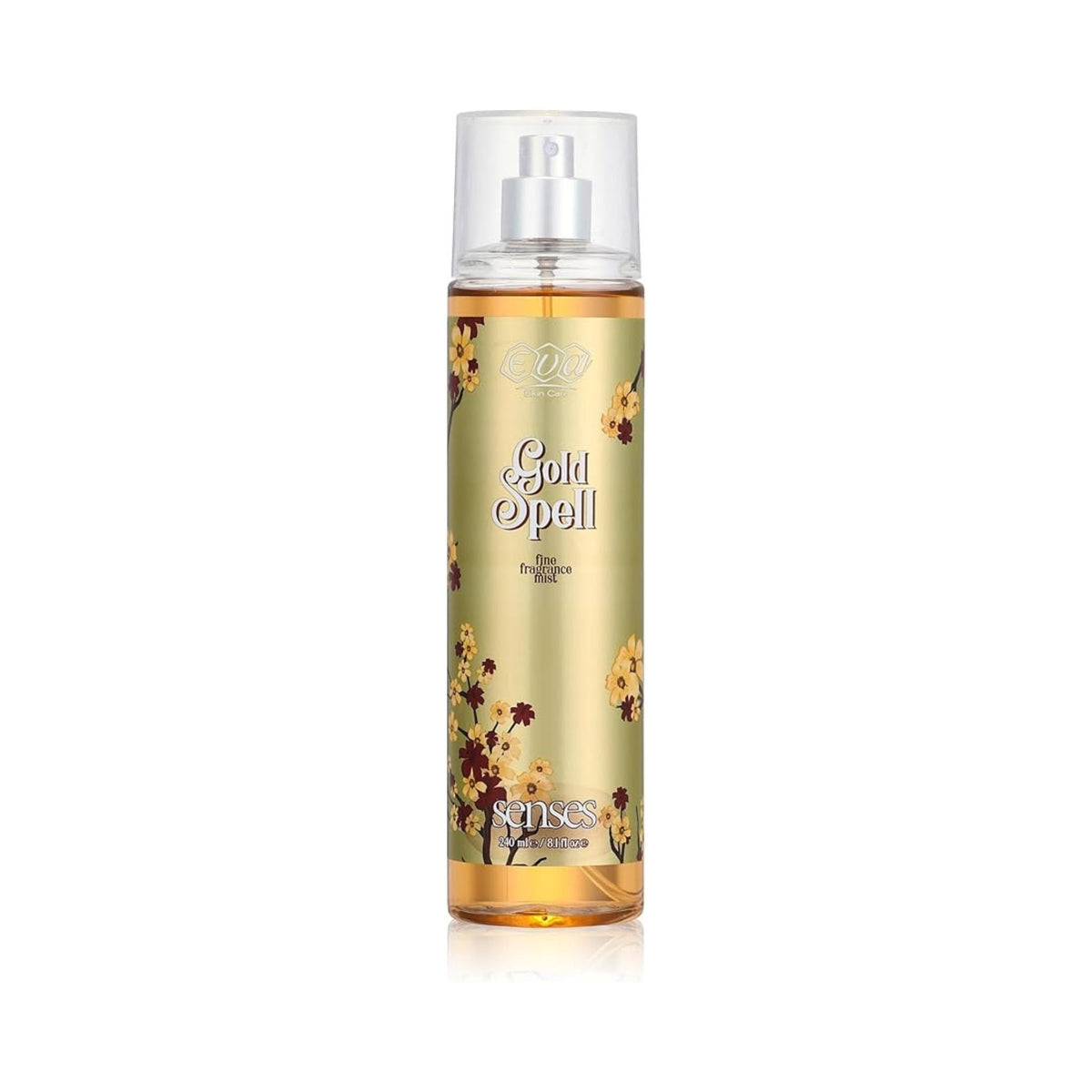 Refect Beauty Eva Senses Gold Spell body splash in a gold bottle with floral accents and a clear spray cap.