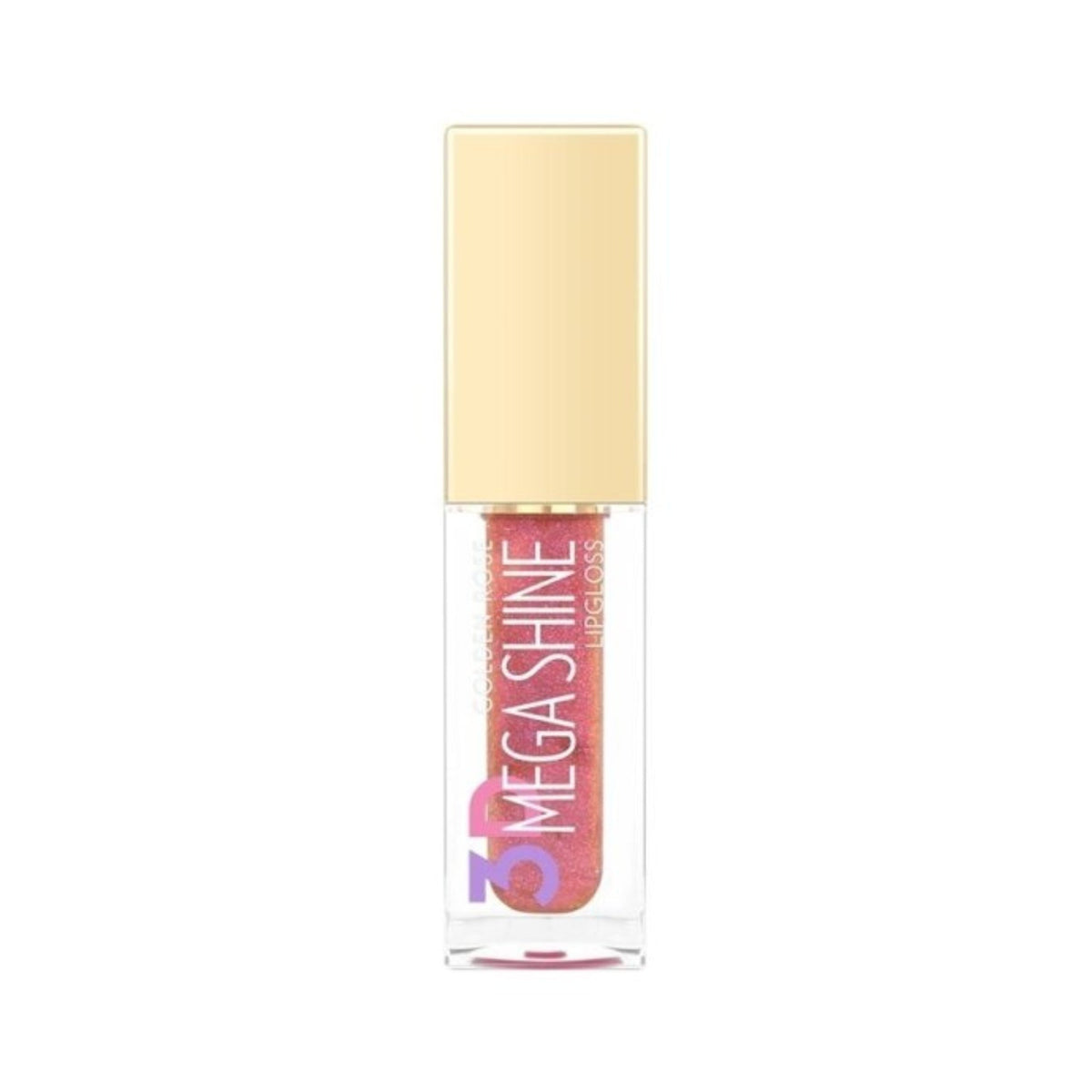 Refect Beauty Golden Rose 3D Mega Shine lip gloss in a clear tube with a gold cap for a high-shine, hydrated finish. 120