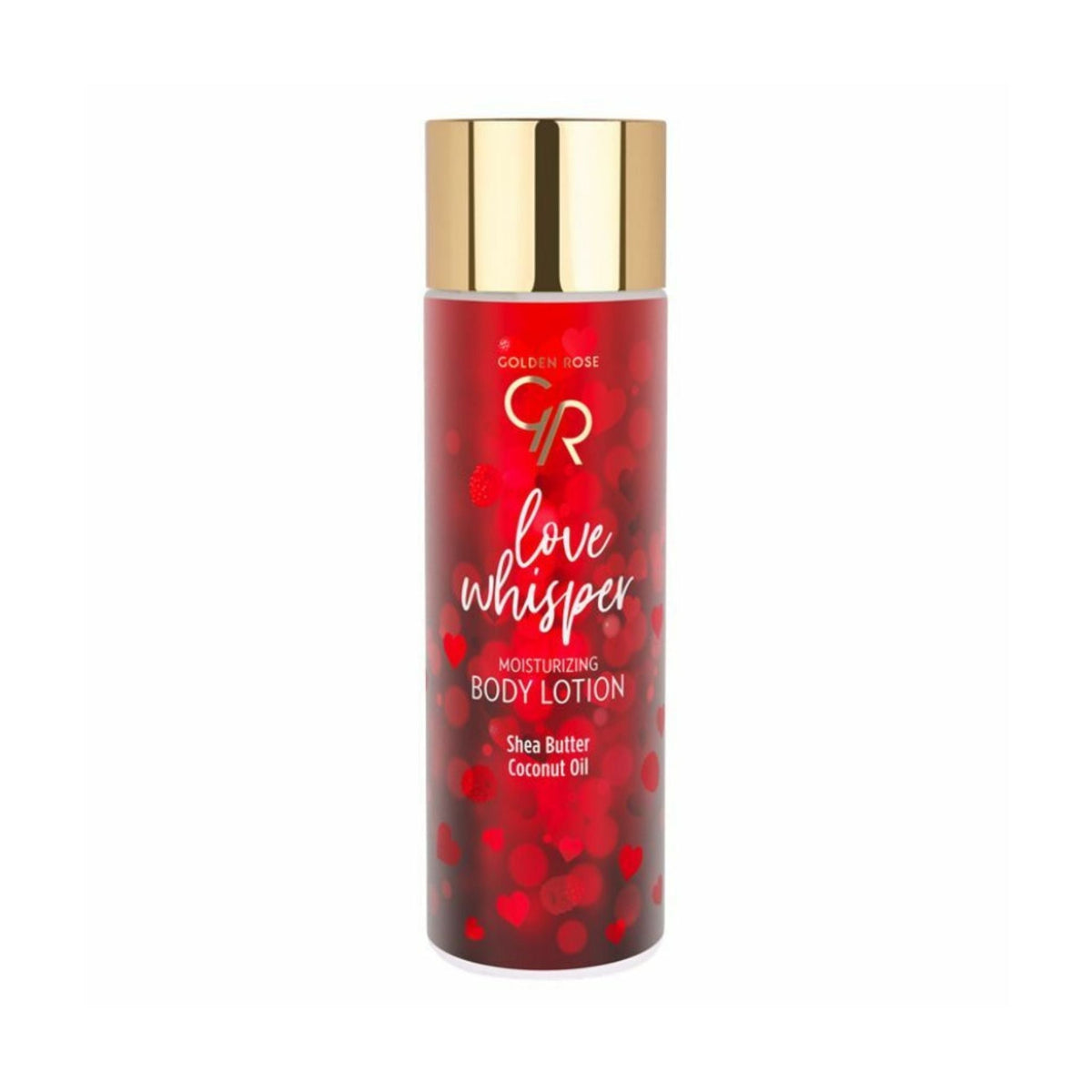 Refect Beauty Golden Rose Love Whisper moisturizing body lotion in a red bottle with a gold cap and shea butter
