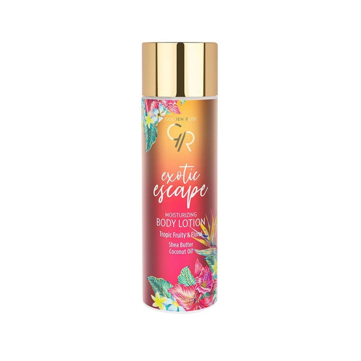 Refect Beauty Golden Rose Exotic Escape body lotion in a tropical floral bottle with a gold cap