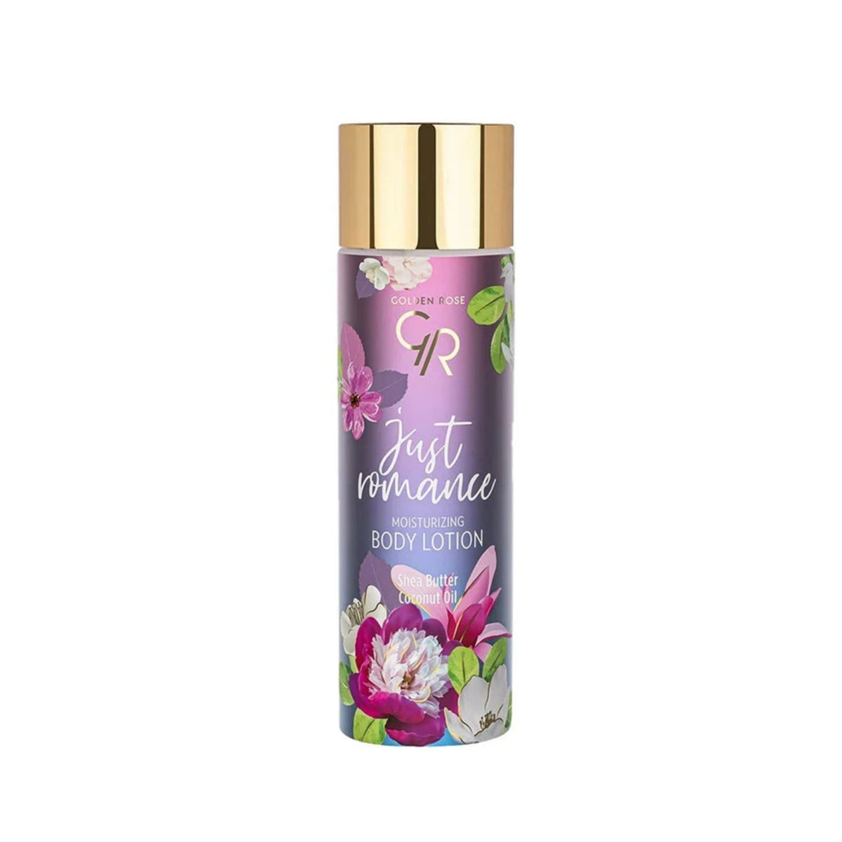 Refect Beauty Golden Rose Just Romance moisturizing body lotion in a purple floral bottle with a gold cap.