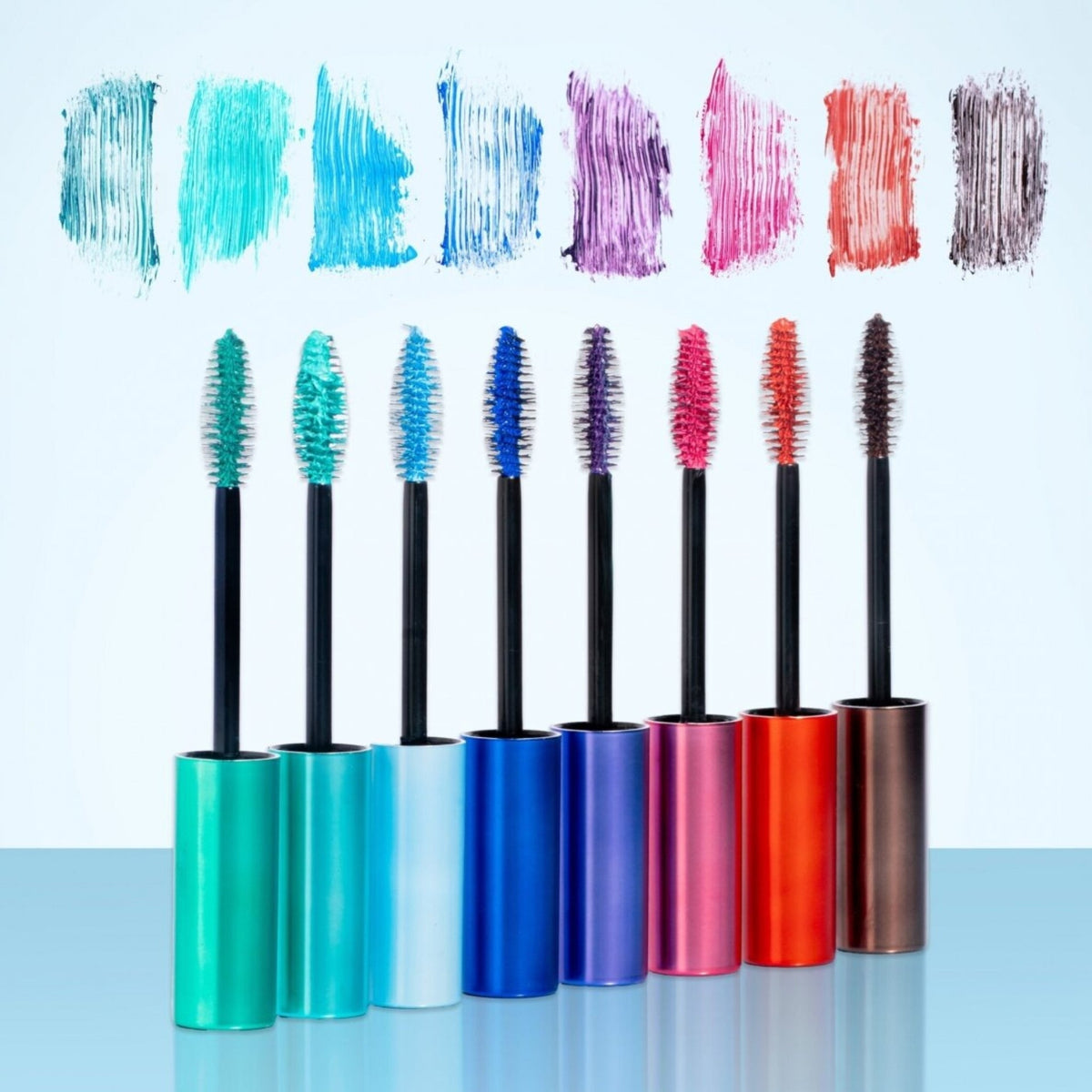 Refect Beauty Golden Rose Flash Lash colored mascara set featuring eight vibrant shades with fiber brushes