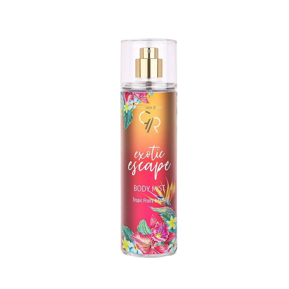 Refect Beauty Golden Rose Exotic Escape body mist in a tropical floral print bottle with a gold cap