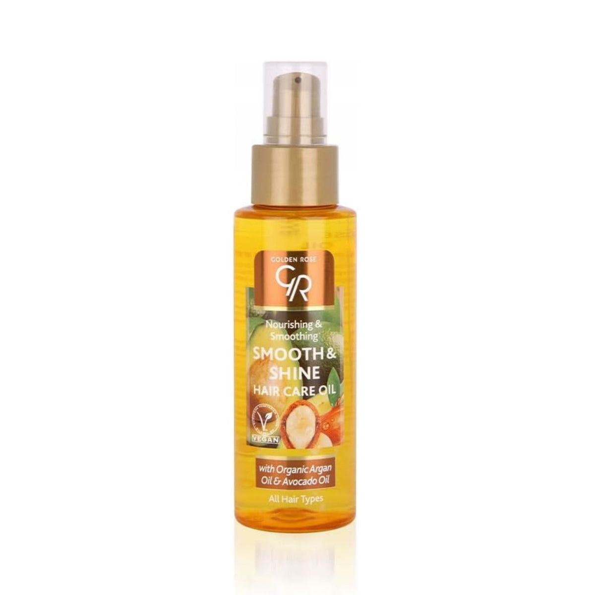 Refect Beauty Golden Rose Smooth & Shine hair oil in a clear pump bottle for nourishing and smoothing all hair types.