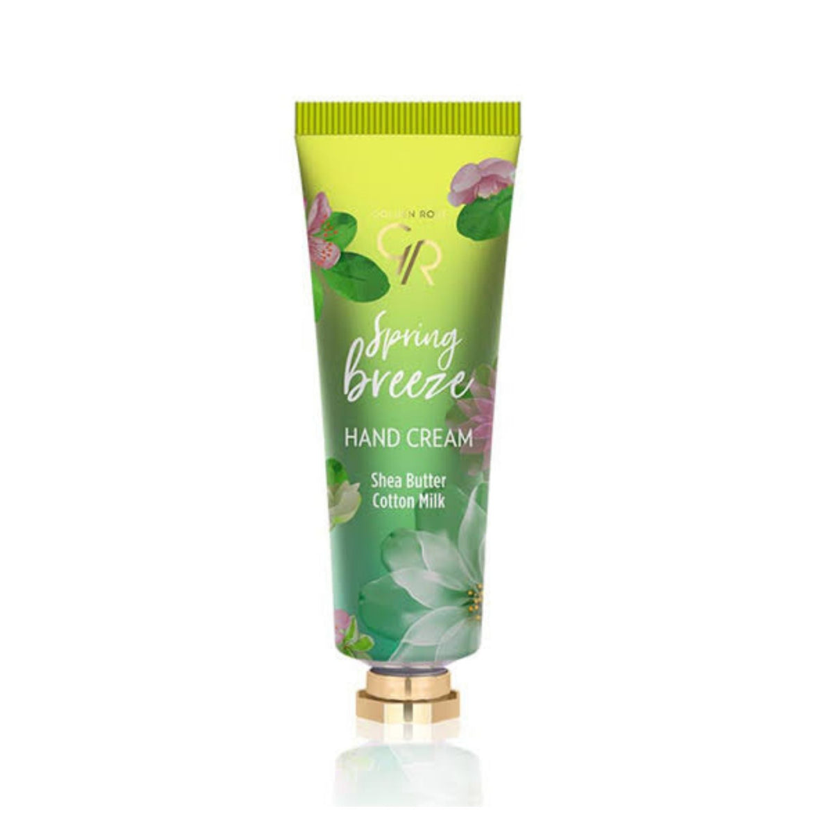 Refect Beauty Golden Rose Spring Breeze hand cream in a green tube with floral design and shea butter