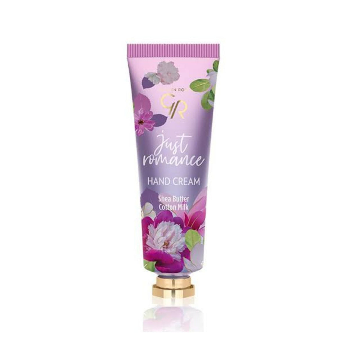 Refect Beauty Golden Rose Just Romance hand cream in a purple floral tube with shea butter and cotton milk