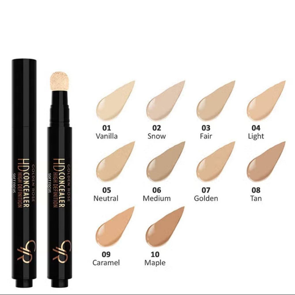 Refect Beauty Golden Rose HD Concealer pen with ten diverse skin tone swatches ranging from vanilla to maple shades.